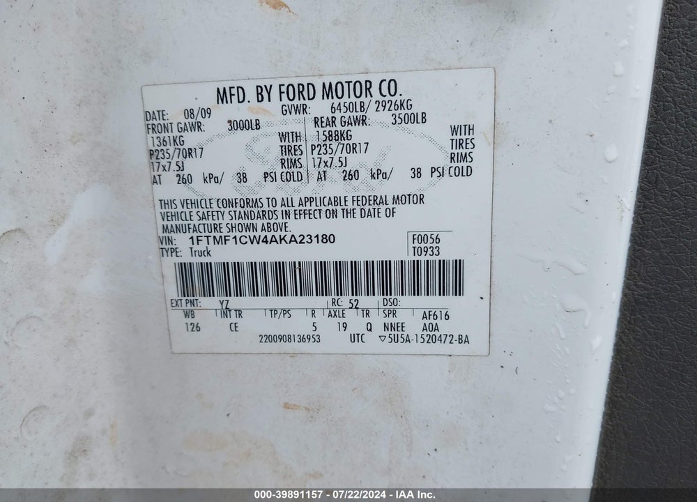 2010 FORD F-150 XL VIN: 1FTMF1CW4AKA23180