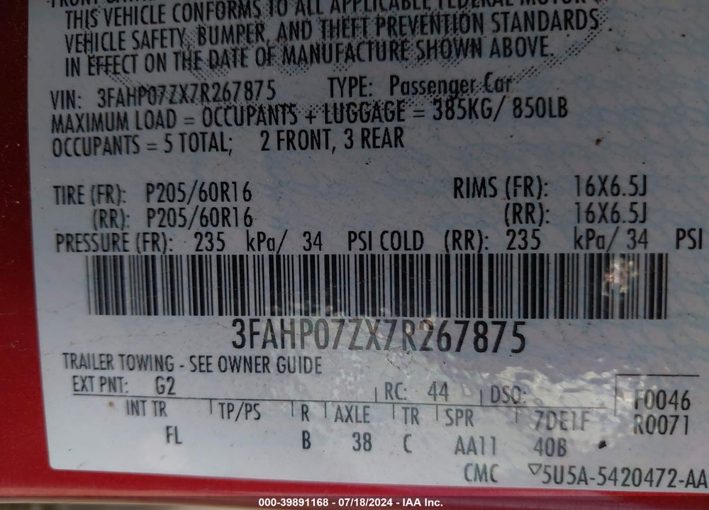 2007 FORD FUSION SE VIN: 3FAHP07ZX7R267875