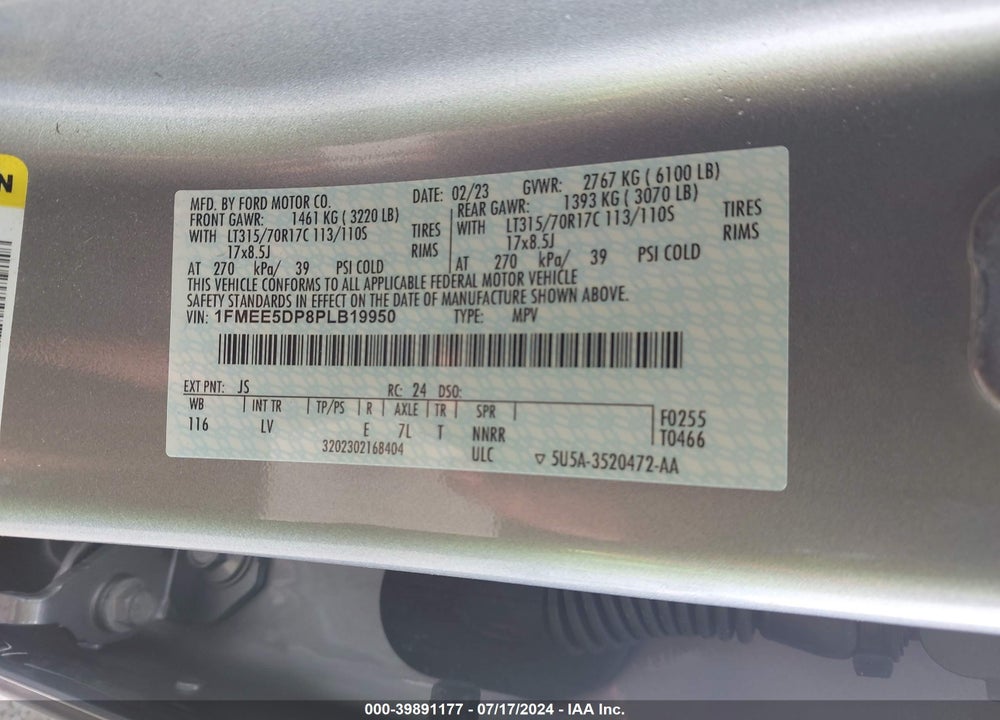 2023 FORD BRONCO VIN: 1FMEE5DP8PLB19950