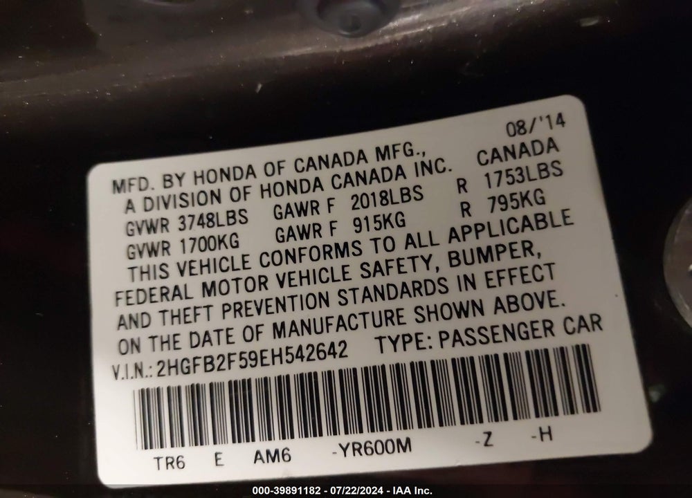 2014 HONDA CIVIC LX VIN: 2HGFB2F59EH542642