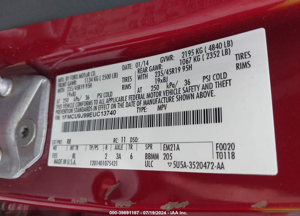 2014 FORD ESCAPE TITANIUM VIN: 1FMCU9J99EUC13740