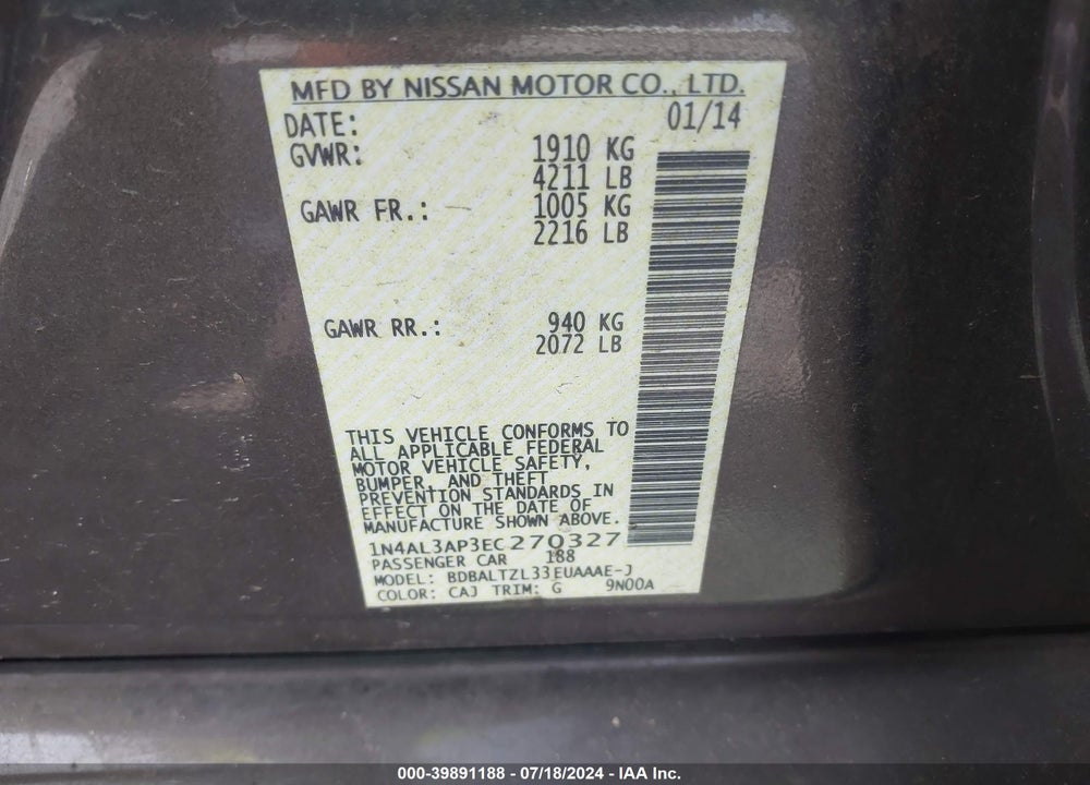 2014 NISSAN ALTIMA 2.5 SV VIN: 1N4AL3AP3EC270327
