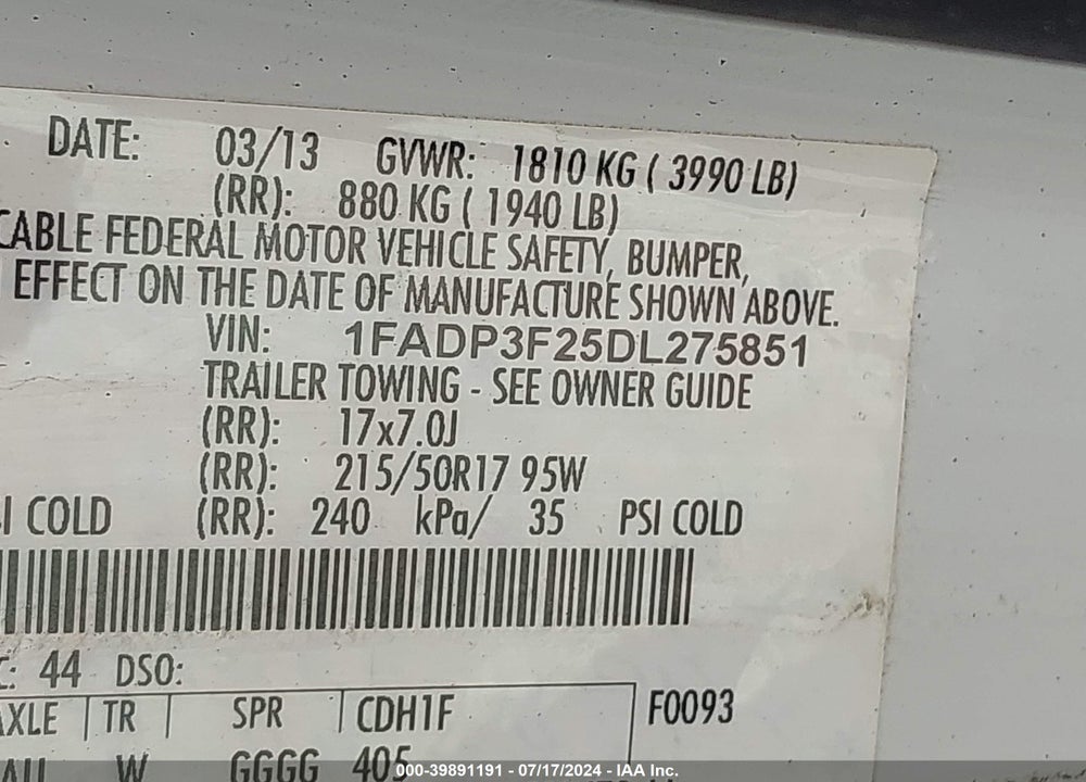 2013 FORD FOCUS SE VIN: 1FADP3F25DL275851