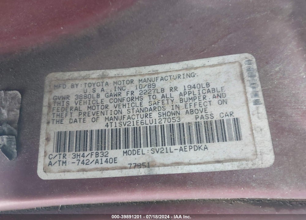 1990 TOYOTA CAMRY DLX VIN: 4T1SV21E6LU127053
