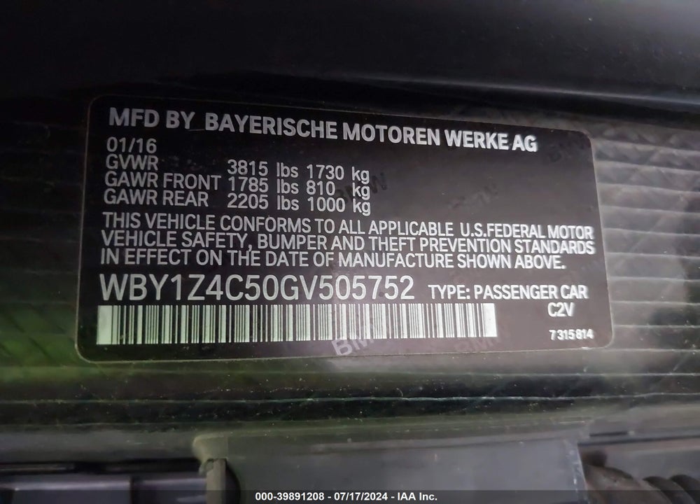 2016 BMW I3 BASE W/RANGE EXTENDER VIN: WBY1Z4C50GV505752