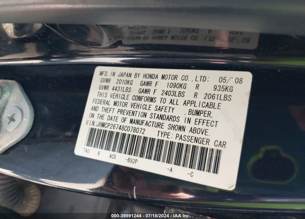 2008 HONDA ACCORD 2.4 EX VIN: JHMCP26748C078072