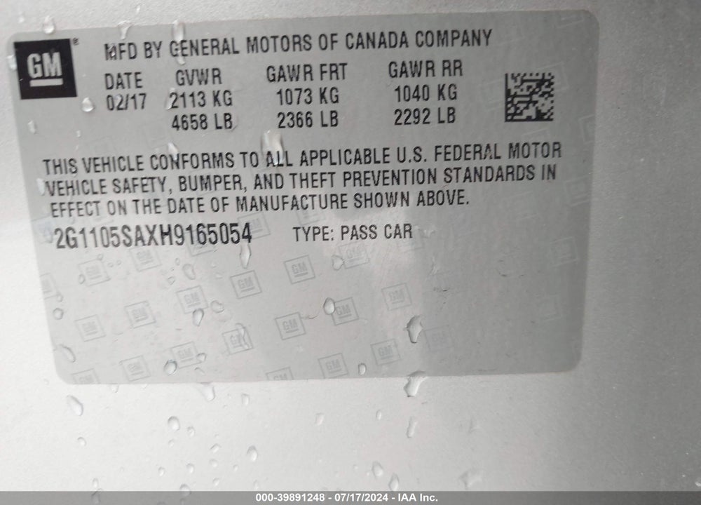 2017 CHEVROLET IMPALA 1LT VIN: 2G1105SAXH9165054