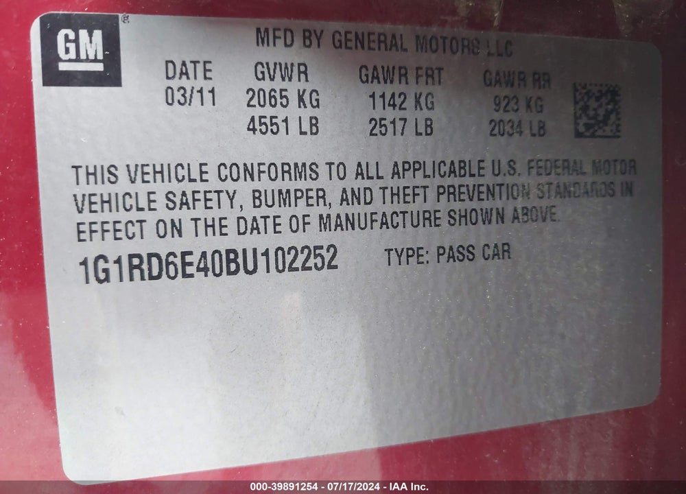 2011 CHEVROLET VOLT VIN: 1G1RD6E40BU102252