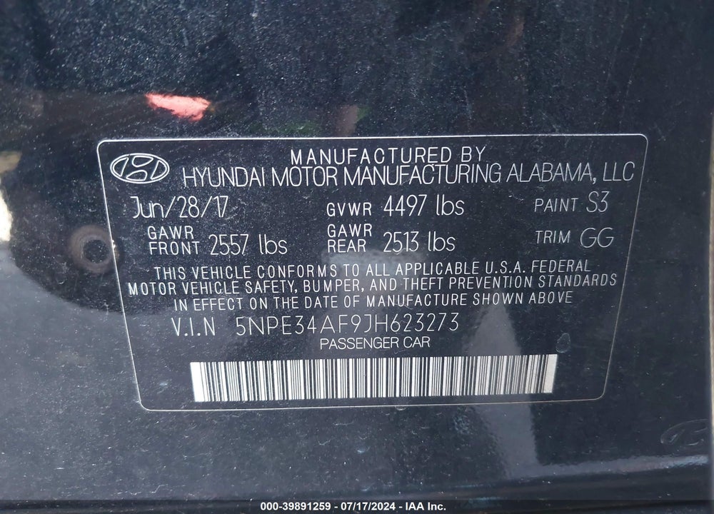 2018 HYUNDAI SONATA SEL VIN: 5NPE34AF9JH623273