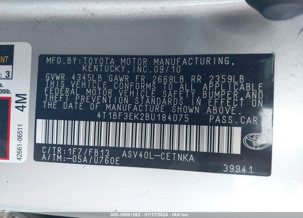 2011 TOYOTA CAMRY VIN: 4T1BF3EK2BU184075