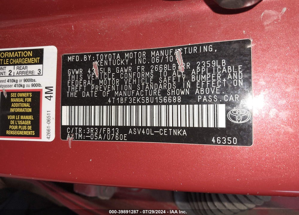 2011 TOYOTA CAMRY LE VIN: 4T1BF3EK5BU156688