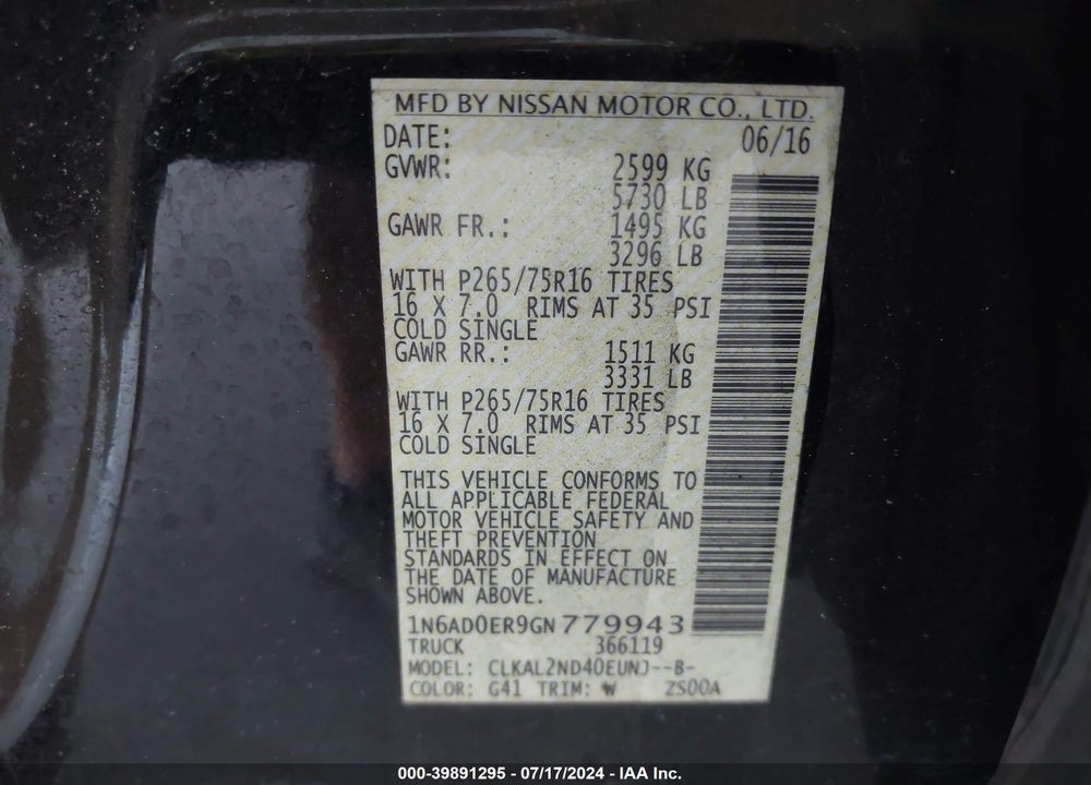 2016 NISSAN FRONTIER DESERT RUNNER VIN: 1N6AD0ER9GN779943