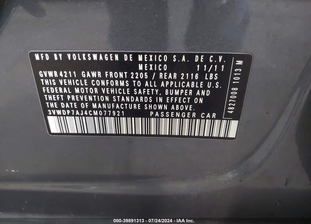 2012 VOLKSWAGEN JETTA VIN: 3VWDP7AJ4CM077921