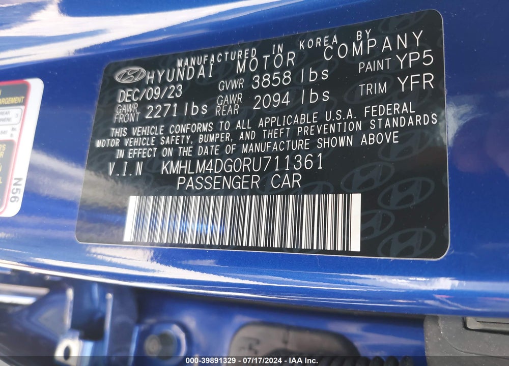 2024 HYUNDAI ELANTRA SEL VIN: KMHLM4DG0RU711361