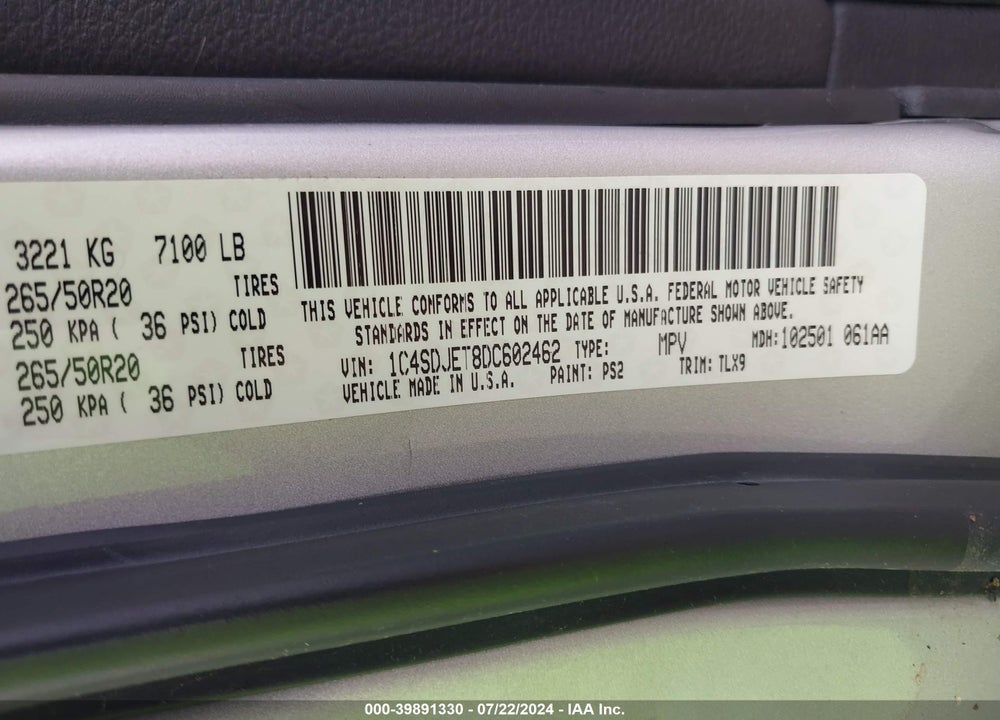 2013 DODGE DURANGO CITADEL VIN: 1C4SDJET8DC602462