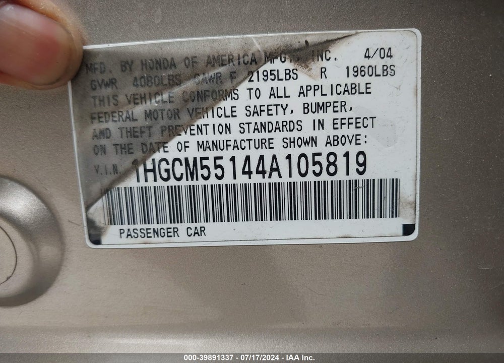 2004 HONDA ACCORD 2.4 DX VIN: 1HGCM55144A105819