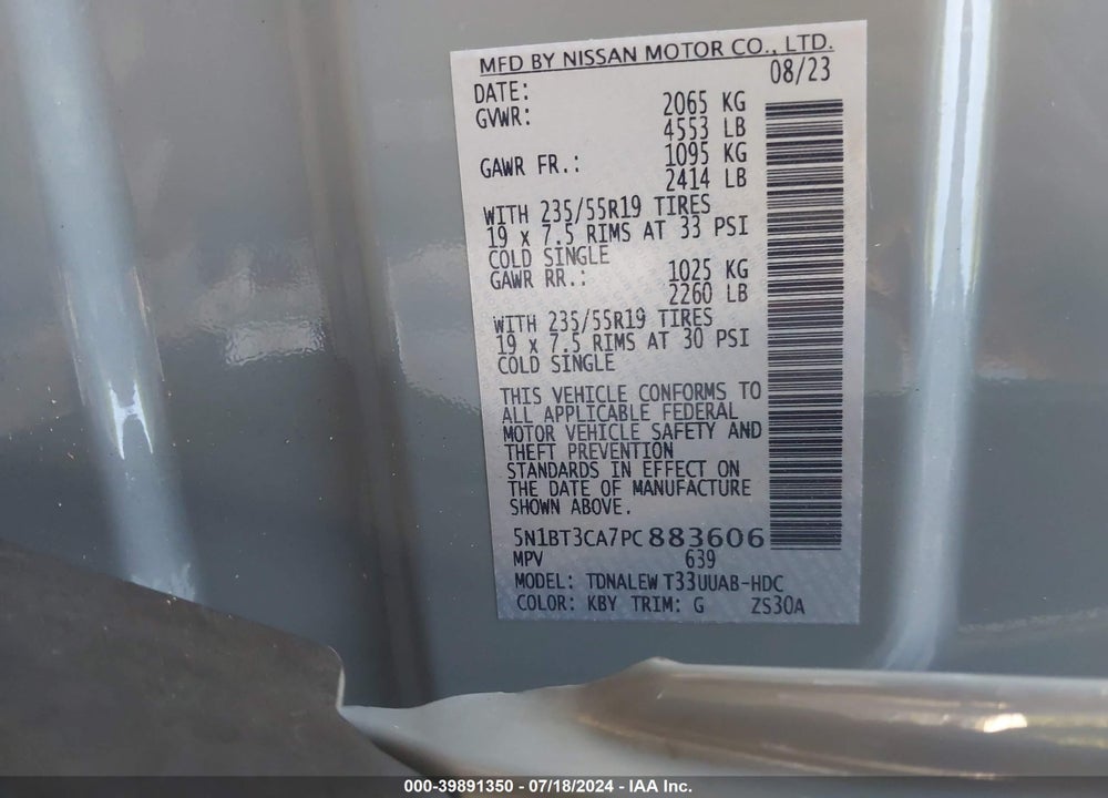 2023 NISSAN ROGUE SL FWD VIN: 5N1BT3CA7PC883606