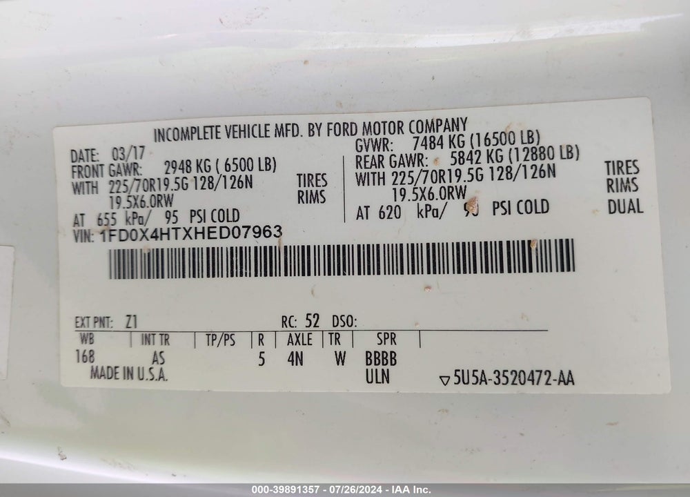 2017 FORD F-450 CHASSIS XL VIN: 1FD0X4HTXHED07963