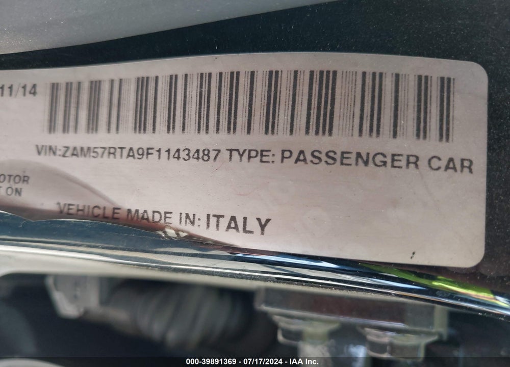 2015 MASERATI GHIBLI S Q4 VIN: ZAM57RTA9F1143487