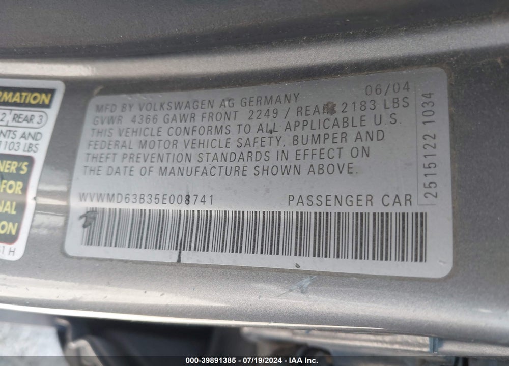 2005 VOLKSWAGEN PASSAT VIN: WVWMD63B35E008741