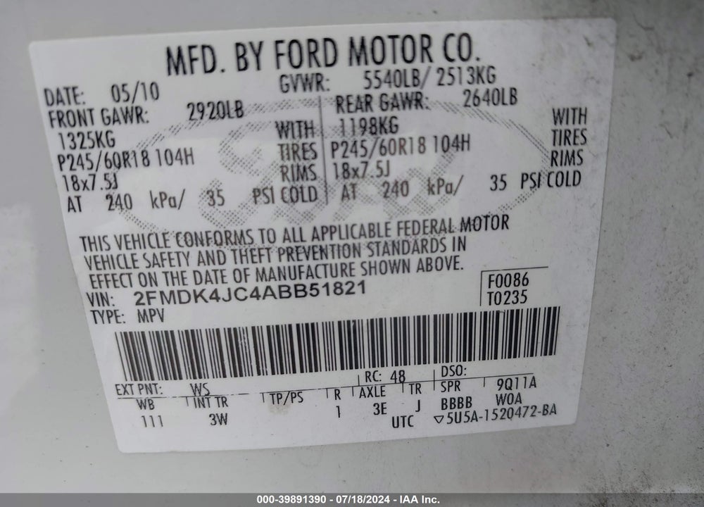 2010 FORD EDGE SEL VIN: 2FMDK4JC4ABB51821