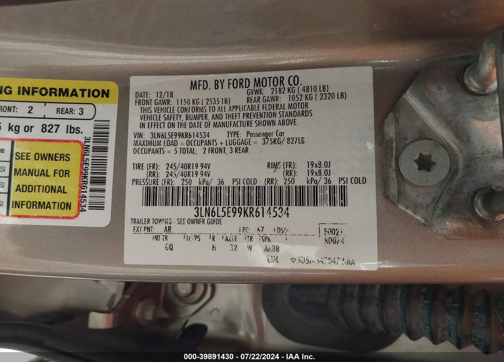 2019 LINCOLN MKZ RESERVE II VIN: 3LN6L5E99KR614534