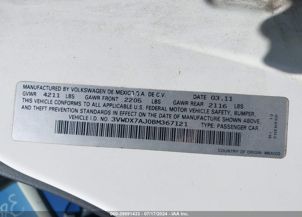 2011 VOLKSWAGEN JETTA 2.5L SE VIN: 3VWDX7AJ0BM367121