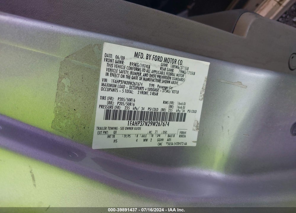 2009 FORD FOCUS SEL VIN: 1FAHP37N29W267674