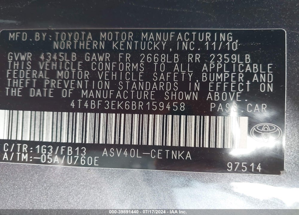 2011 TOYOTA CAMRY VIN: 4T4BF3EK6BR159458