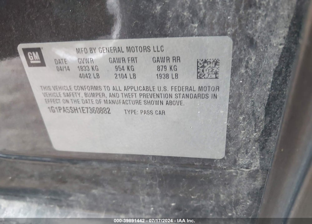 2014 CHEVROLET CRUZE LS AUTO VIN: 1G1PA5SH1E7360882