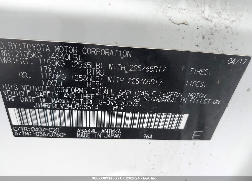 2017 TOYOTA RAV4 XLE VIN: JTMRFREV2HJ708514