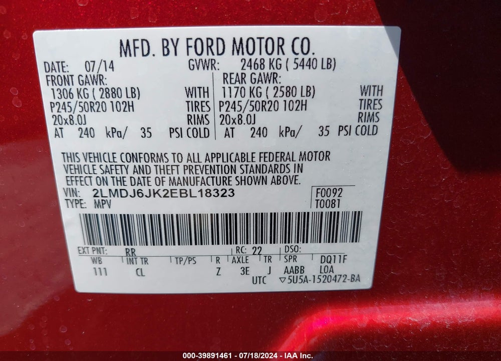 2014 LINCOLN MKX VIN: 2LMDJ6JK2EBL18323
