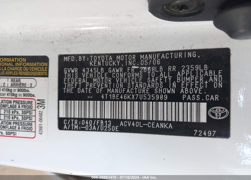 2007 TOYOTA CAMRY CE VIN: 4T1BE46KX7U535989