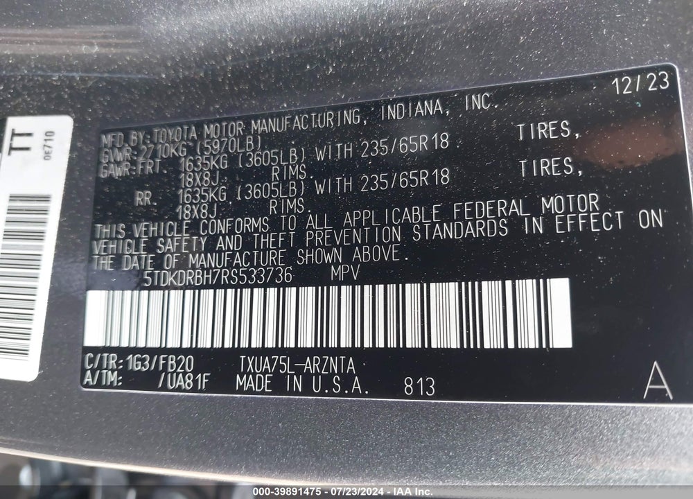 2024 TOYOTA HIGHLANDER LE VIN: 5TDKDRBH7RS533736