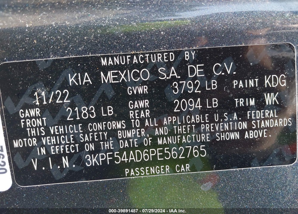 2023 KIA FORTE VIN: 3KPF54AD6PE562765