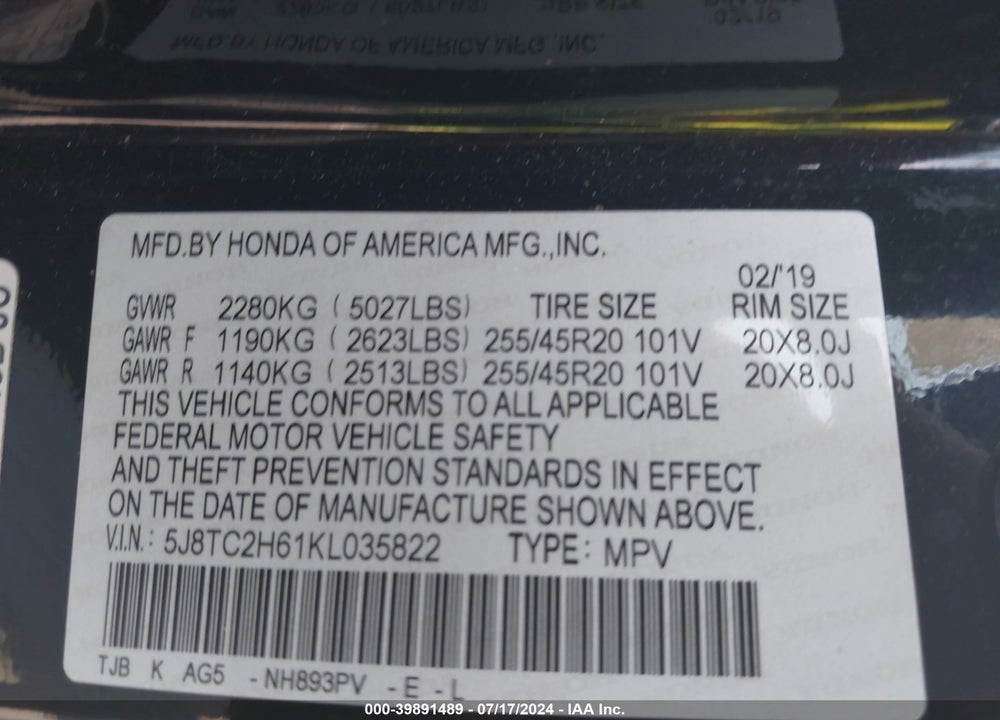 2019 ACURA RDX A-SPEC PACKAGE VIN: 5J8TC2H61KL035822