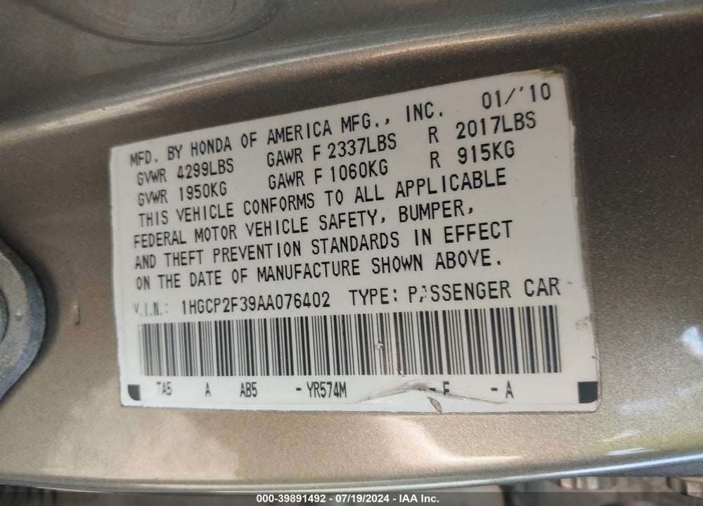 2010 HONDA ACCORD 2.4 LX VIN: 1HGCP2F39AA076402