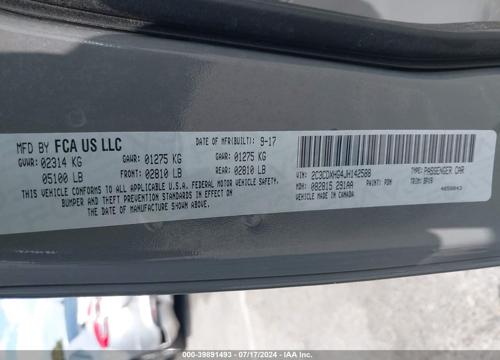 2018 DODGE CHARGER VIN: 2C3CDXHG4JH142588