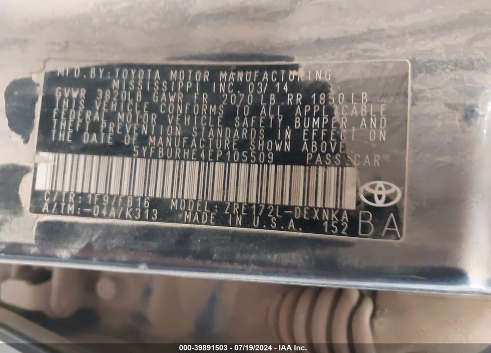 2014 TOYOTA COROLLA LE VIN: 5YFBURHE4EP105509