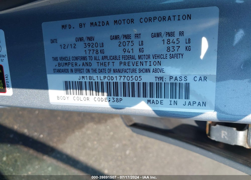 2013 MAZDA 3 I TOURING VIN: JM1BL1LP0D1770505