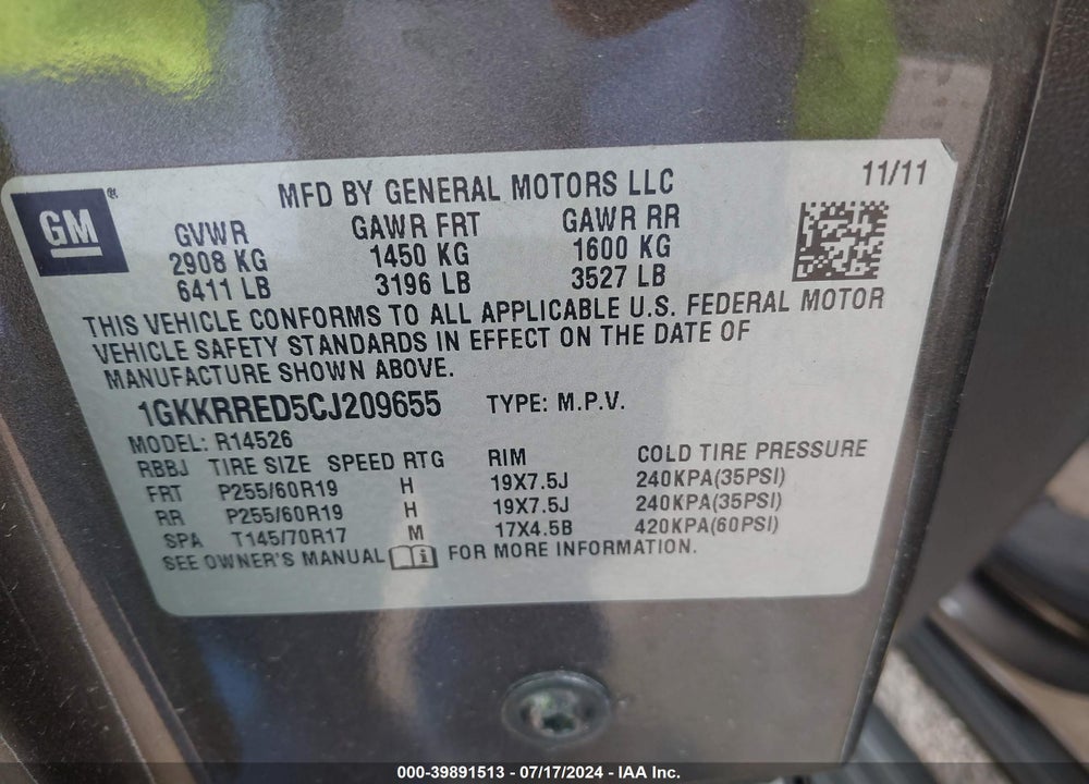 2012 GMC ACADIA SLT-1 VIN: 1GKKRRED5CJ209655