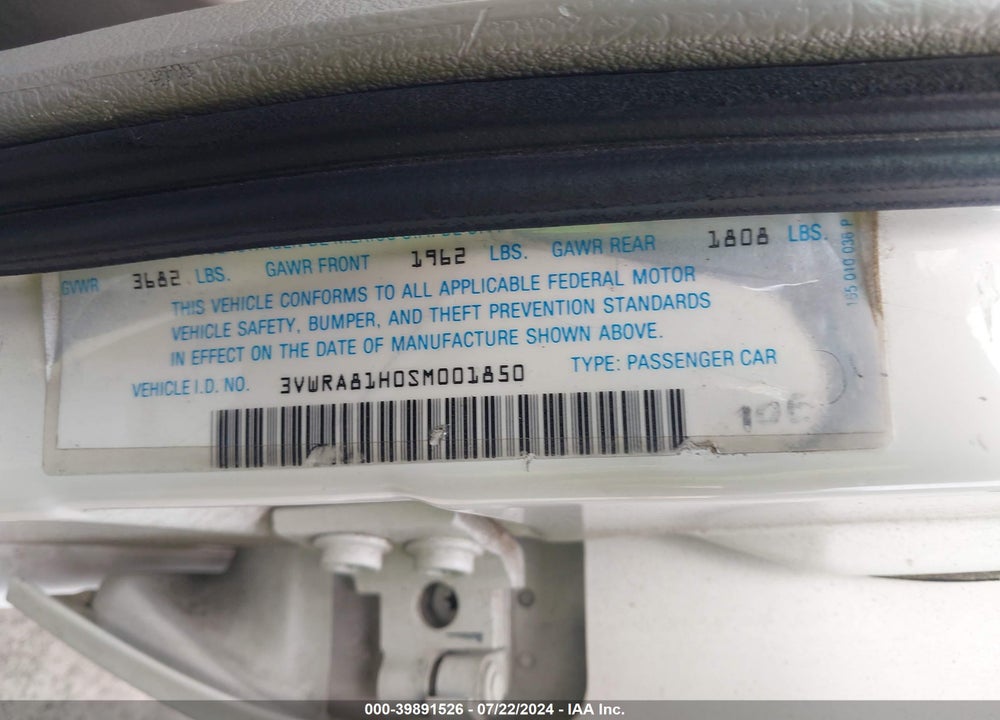1995 VOLKSWAGEN JETTA III GL/GL VIN: 3VWRA81H0SM001850
