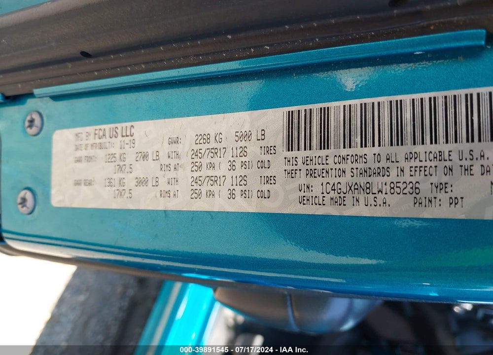 2020 JEEP WRANGLER SPORT 4X4 VIN: 1C4GJXAN8LW185236