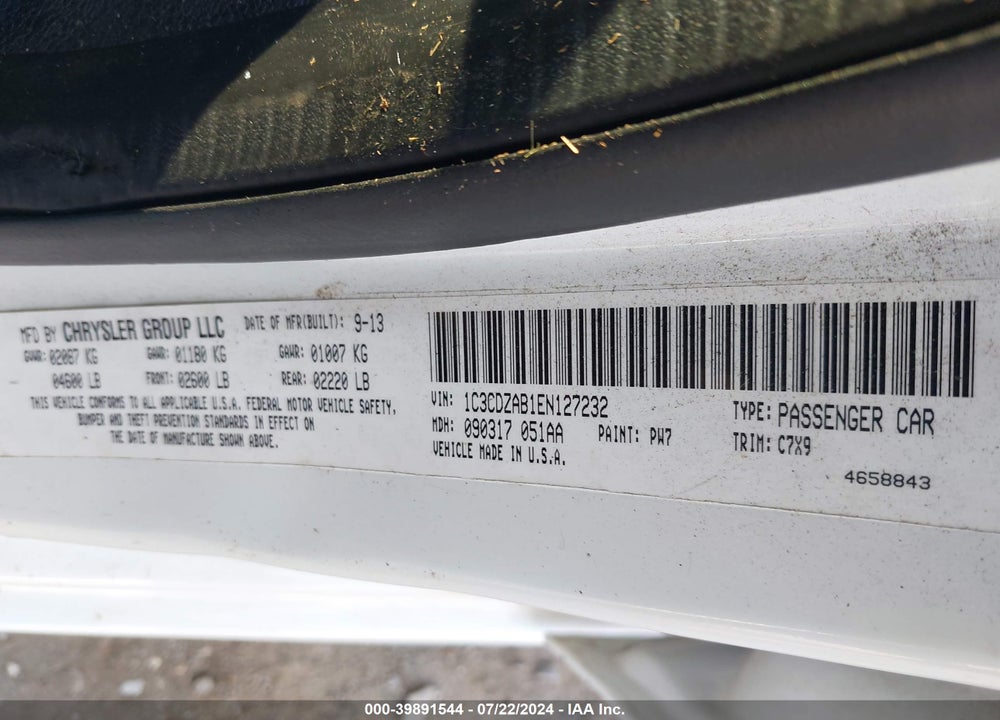 2014 DODGE AVENGER SE VIN: 1C3CDZAB1EN127232