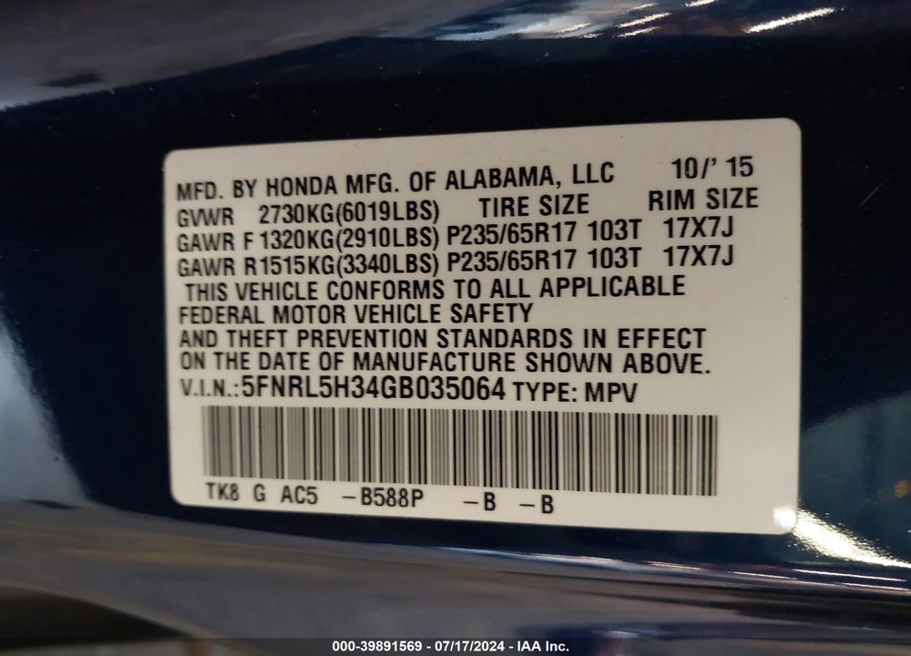 2016 HONDA ODYSSEY SE VIN: 5FNRL5H34GB035064