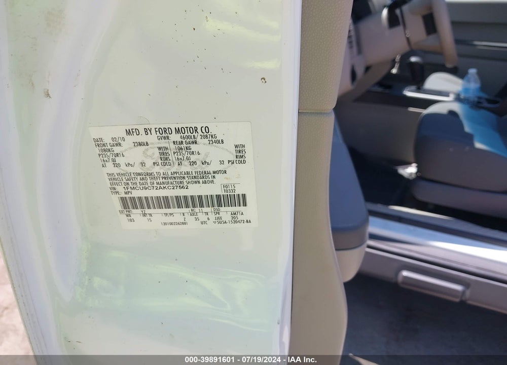 2010 FORD ESCAPE XLS VIN: 1FMCU9C72AKC27562