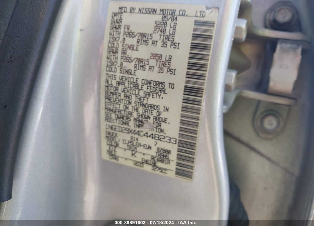 2004 NISSAN FRONTIER XE-V6 VIN: 1N6ED29X44C448233