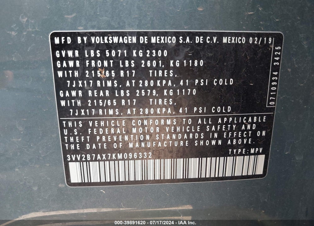 2019 VOLKSWAGEN TIGUAN 2.0T SE/2.0T SEL/2.0T SEL R-LINE/2.0T SEL R-LINE BLACK VIN: 3VV2B7AX7KM096332