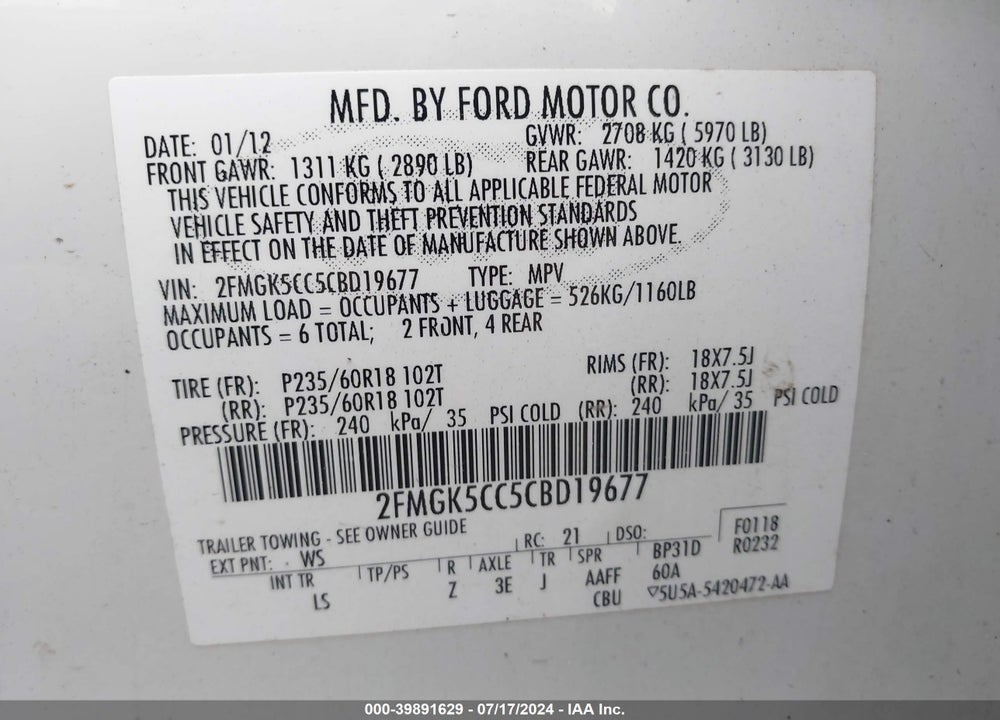 2012 FORD FLEX SEL VIN: 2FMGK5CC5CBD19677
