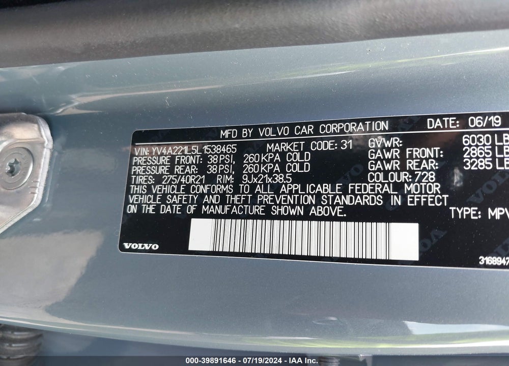 2020 VOLVO XC90 T6 INSCRIPTION 6 PASSENGER VIN: YV4A221L5L1538465